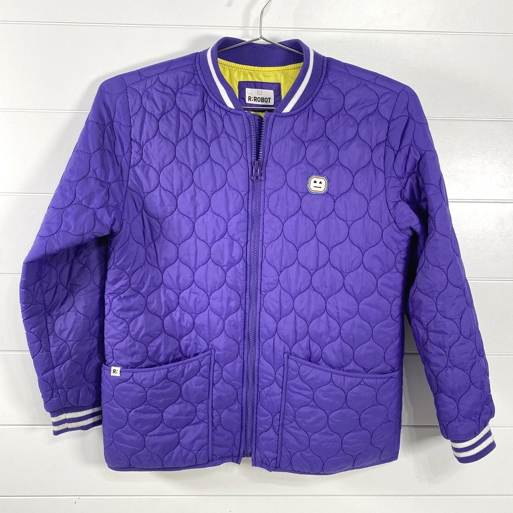 R:ROBOT Jacket Youth 12Y‎ Purple Quilted Bomber Full Zip Pockets Logo Patch Kids